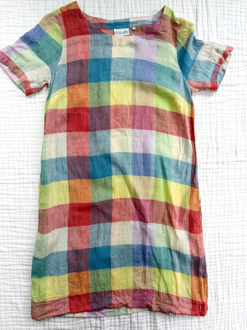 FOIL Linen Plaid Shift Dress Size 8 Multicolor Rainbow Check Short Sleeve Midi